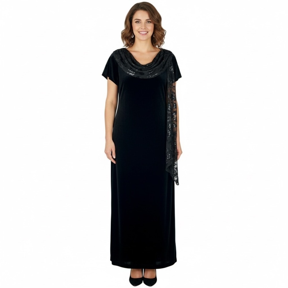 Vintage 90s Y2K Studio C Velvet Maxi Dress Women 8 Black Dramatic Scarf Event